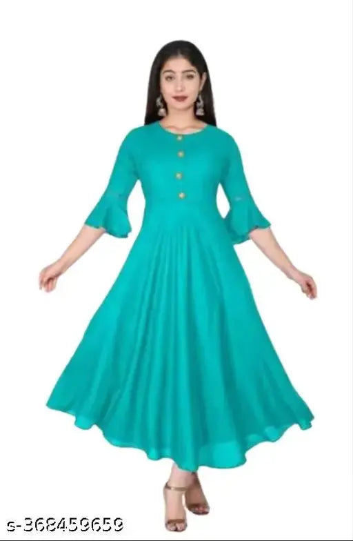Rayon Anarkali kurti with bell sleeves, single color, three-quarter length for women, India origin