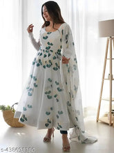 White Georgette Full Flared Anarkali Style Western Gown top, Floral Print with matching dupatta set and ankle length