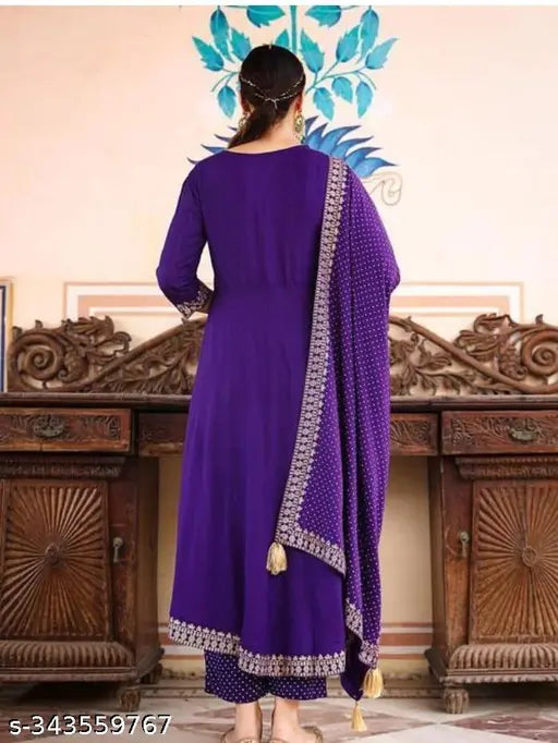 Rayon slub printed kurti set4.4 with dupatta and bottomwear, three-quarter sleeves from India
