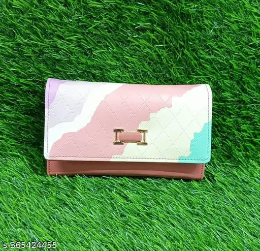 Faux leather wallet organizer, 3 compartments, solid net pattern, free size (5in x 4in), trendy women's accessory from India