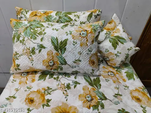 High-quality multicolor Glace cotton bedsheet set (1 King size + 2 embroidered pillow covers + 2 cushion covers with filler), botanical print. Ideal for AC rooms and adult use. Heavy Quality, 90x100 inches, 180 thread count