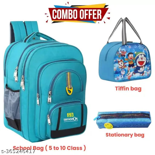 Blue polyester net unisex school bag combo (75L), includes Tiffin bags & stationery bag for 5-10 class students