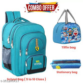 Blue polyester net unisex school bag combo (75L), includes Tiffin bags & stationery bag for 5-10 class students