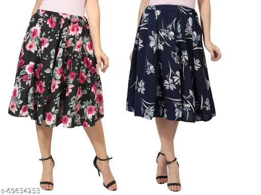 Grace Diva pink rose black base navy blue floral print mid calf length women's skirt combo in polyester, featuring a crepe pattern and 27-inch length, displayed on a mannequin