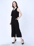 Black cotton blend solid color full-length sleeveless jumpsuit for women & girls with two side pockets, suitable for various occasions like homewear, school, shopping, beach, and outdoor activities. Made in India
