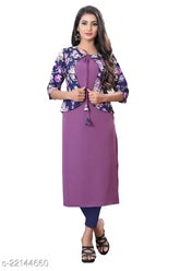 Trendy printed polyester kurtis with three-quarter sleeves, Indian fashion on model, S-XXXL sizes available