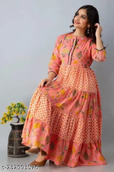 Rayon printed Anarkali Kurta, three-quarter sleeves, Indian traditional women's outfit - XL (bust size 42in)