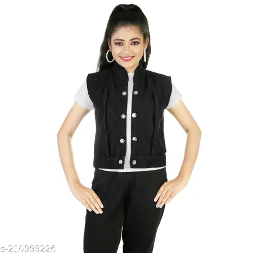 Sleeveless denim jacket for girls, solid color, 5-6 years size, made in India