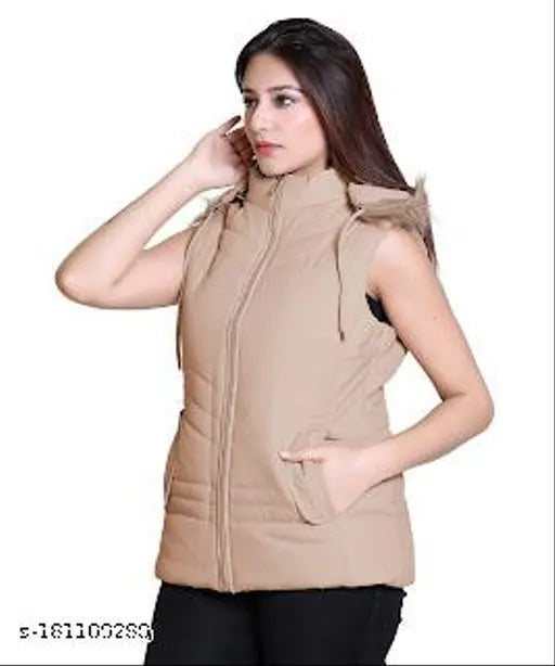 Nylon sleeveless women's winter jacket, solid pattern, zip closure - India