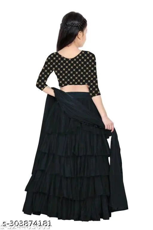 Embroidered cotton blend kids girls lengha choli with ruffle net dupatta, long sleeve and semi-stitched. 6-12 years sizes available. Indian traditional wear for girls