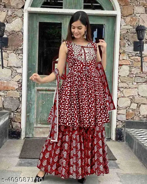 Rayon printed dark maroon kurta set with sharara and dupatta: Elegant women's ethnic wear for festive or everyday occasions