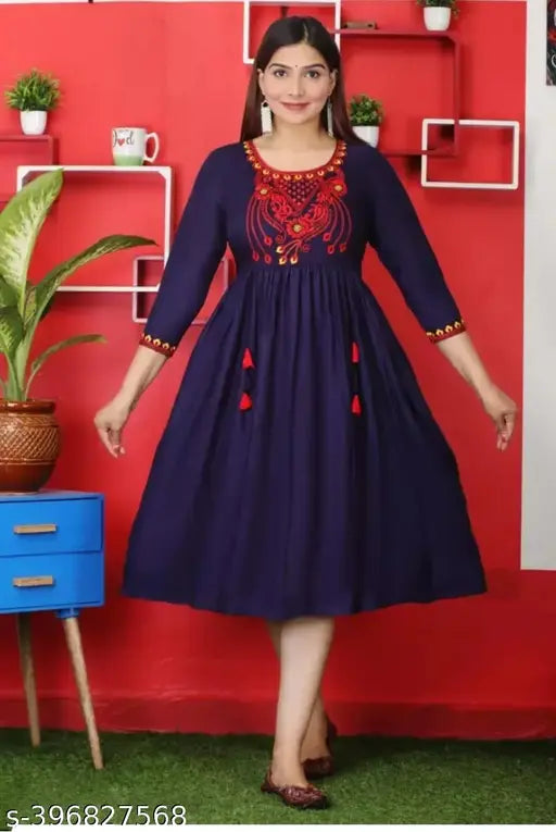 Rayon embroidery gown, three-quarter sleeves, ladies kurti design 2022, Indian origin