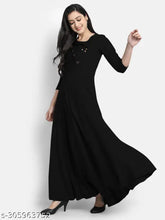 Women's solid rayon flared gown, three-quarter sleeves, single color, daily wear on fitting model