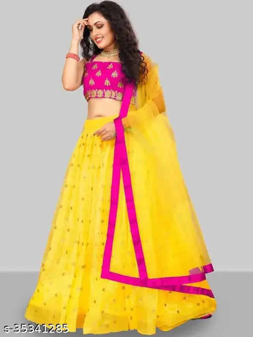 Voguish taffeta silk lehenga with net dupatta, free size, semi-stitched Indian fashion