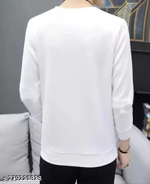 White polyester full-sleeve printed T-shirt for men on hanger