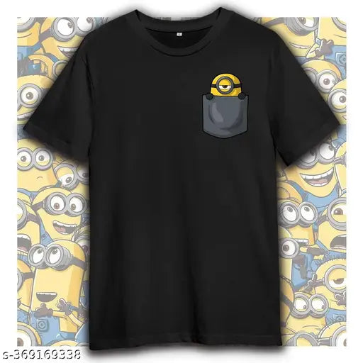 Vibrant Black Chibi Cartoon Japanese Minion Tee - Graphic Printed, Cotton, Half Sleeve, Round Neck
