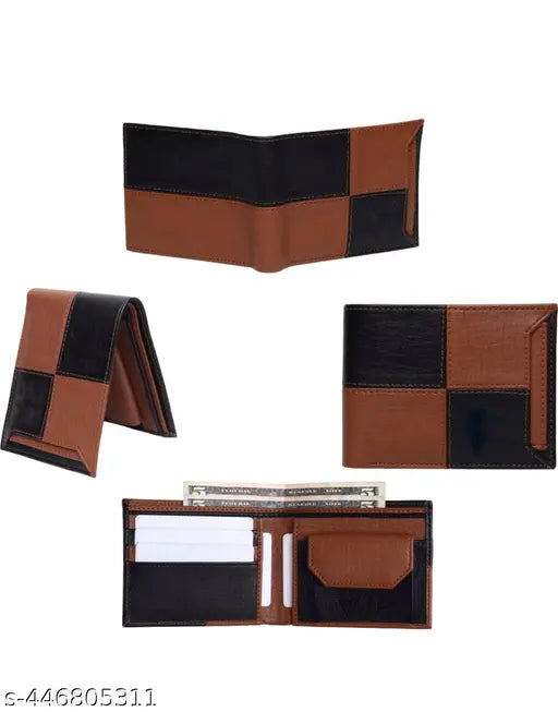 Multicolor faux leather men's wallet, RFID protected, 5 card slots, coin pocket, hidden pockets. Brown color with stitching detail and matte finish. Modern, stylish, and sophisticated design
