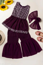 Embroidered Georgette girls ethnic kurta set, sleeveless anarkali with palazzos, Indian embroidery work, size 2-3 years