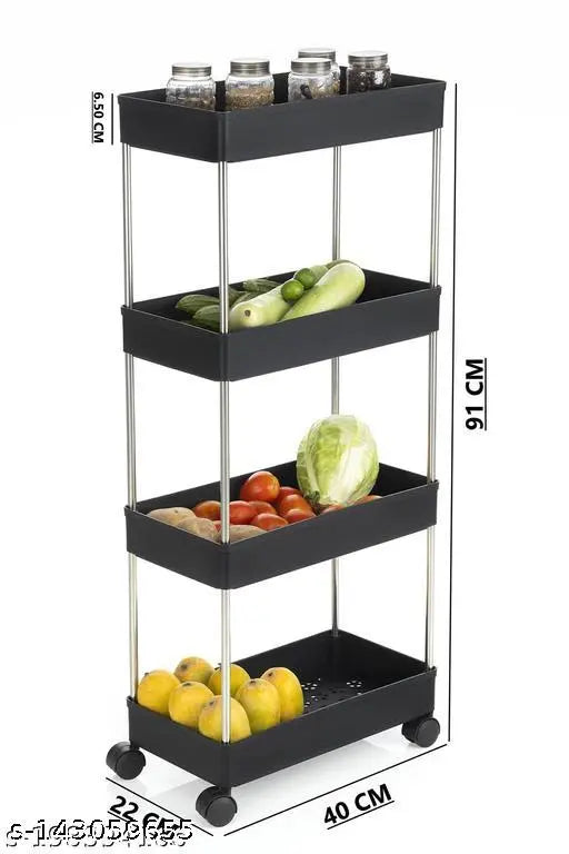 Black vegetable rack storage organizer with wheels, 4-layer design, 91 x 40 x 22 CM for kitchen and office use