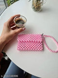 Plastic-crafted pink mini wallet with embellished pearl beads, free size for everyday use or travel