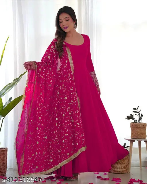 Women's S Georgette Embroidered Gown Set with Pant and Dupatta - Indian-made georgette Anarkali outfit featuring long sleeves, stitched net, and embroidery. Pack of 3 with sizes S, M, L, XL, XXL