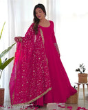 Women's S Georgette Embroidered Gown Set with Pant and Dupatta - Indian-made georgette Anarkali outfit featuring long sleeves, stitched net, and embroidery. Pack of 3 with sizes S, M, L, XL, XXL