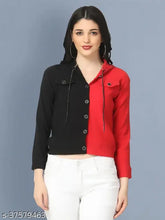 Black and Red Cotton Lycra Buttoned Jacket with Hoodie, colorblocked for women's fashion