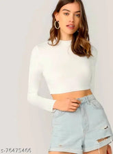 White polyester blend casual full sleeves crop top, solid pattern, XS-XL sizes