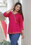 Rayon mirror work short kurti, solid combo for girls' events. Close-up on three-quarter sleeve Indian top