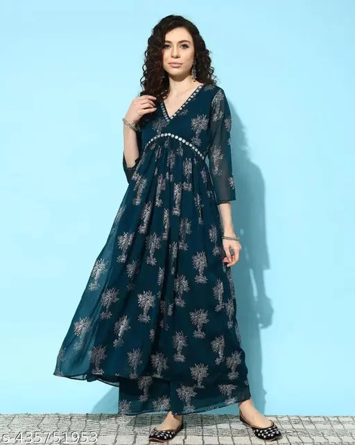 Georgette gown with pant & dupatta kurta, printed net, three-quarter sleeves, XL size (Indian traditional wear on model)