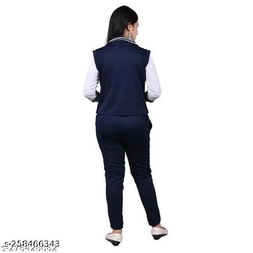 Cotton blend three-quarter sleeves girls fashion set: 89 years printed dress, 910 years casual dress, 1011 years fancy dress, 1213 years koti set, partywear dress. White printed t-shirt, navy embroidered koti, navy full length stretchable pants. Indian girls trendy latest clothing set