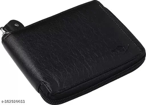 Black faux leather wallet for men & women, 4 card slots, RFID protected, ethically sourced genuine leather, compact size (11cm x 9.5cm), features coin pocket and note section