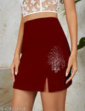 Maroon-vine sparkle rhinestone party skirt with 4-way stretch, polyester, embellished net for birthday or beach wear