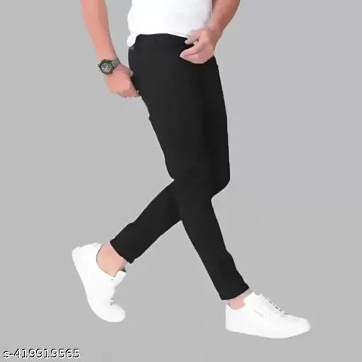 Black denim men's jeans, solid pattern, trendy stylish fit for modern fashion