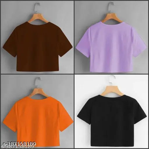 Trendy cotton blend printed combo t-shirts pack of 4, women's short sleeves in various sizes from XXS to XL. Indian-made fashionable tops with glamorous designs on display