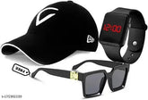 White embroidered Virat baseball cap with black square LED band watch and Badshaah sunglasses combo, pack of 3 for best price offer - Men's and boys fashion accessories