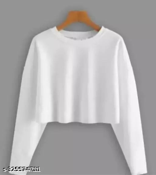 Cute white girls cotton blend long-sleeved printed net crop top, S-XL sizes available