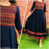 Blue embroidered rayon Anakali kurti, three-quarter sleeves, 4XL & 5XL sizes