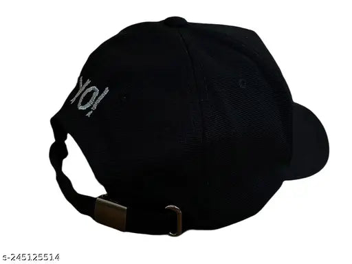 Black polyster long snapback cap for men and boys (Pack of 1), featuring printed pattern and mesh ventilation. Protects skin from UV rays and offers a secure fit for all. Great gifting idea, available in solid colors, origin: India