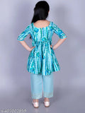 Green cotton tie-dye Anarkali/Flared Kurta & pant set for girls, featuring golden foil print. Soft fabric ensures comfortable all-day wear and optimal air circulation. Available in sizes 12-18 months to 9-10 years, made in India