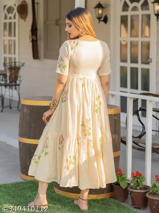 Anarkali printed rayon short sleeves, vibrant Indian fashion for women in various sizes