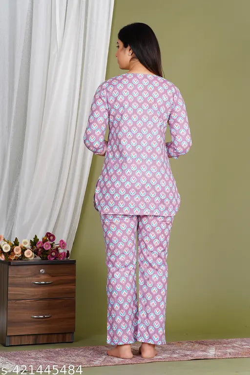 Multicolor ethnic motif cotton kurta set with pant coord, comfortable night suit for relaxing evenings