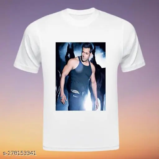 White polyester Salman Khan printed unisex half sleeves games t-shirt, premium casual wear on display