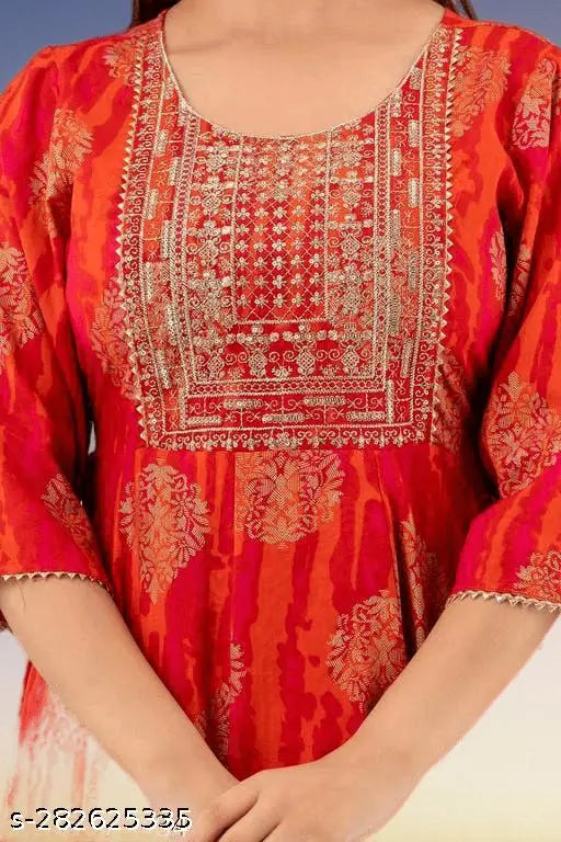 Orange rayon Anarkali Kurti with three-quarter sleeves, gold printed sequence design. Women's fashion clothing, size M (38in bust, 48in length), L, XL, XXL available. Indian made