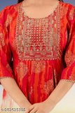Orange rayon Anarkali Kurti with three-quarter sleeves, gold printed sequence design. Women's fashion clothing, size M (38in bust, 48in length), L, XL, XXL available. Indian made