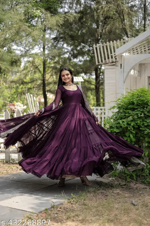 Wine-colored georgette Anarkali gown with dupatta, long sleeves, solid pattern, perfect for fashion parties