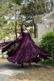 Wine-colored georgette Anarkali gown with dupatta, long sleeves, solid pattern, perfect for fashion parties