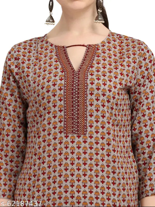 Multicolor cotton straight kurti, embroidered combo, lightweight, three-quarter sleeves. Ideal for casual events & outings. Made in India