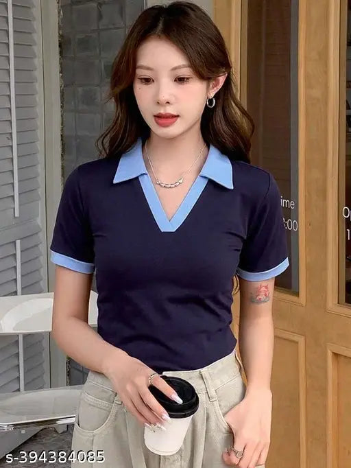 Contrast lycra short-sleeve half collar, solid net XL size from India