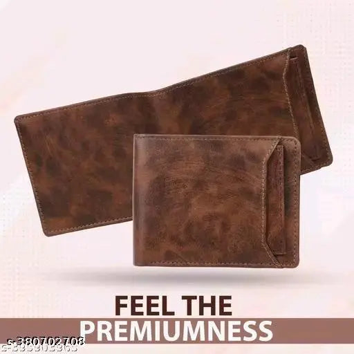 Brown faux leather bi-fold wallet, 8 card slots, ideal for men's daily use